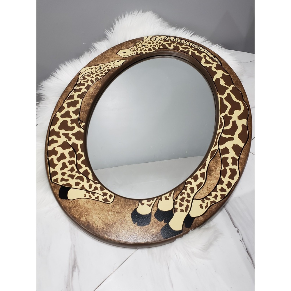 Large Boho Safari Giraffe Animal Wall Hanging Mirror Frame Wood Vintage Bathroom